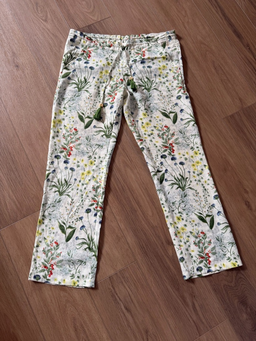 🌿 Tory Burch Botanical Linen Pants – Floral Print w/ Tassel Tie | XS